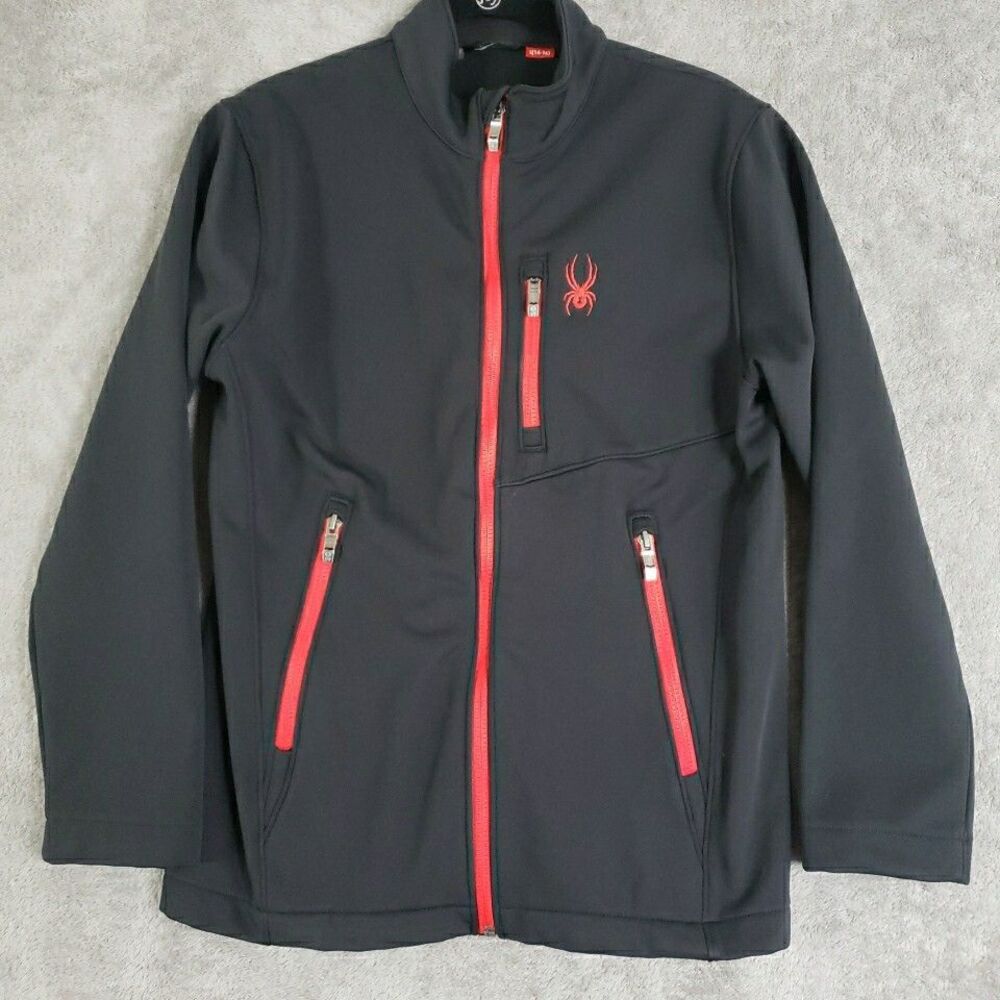 Spyder Jacket Boy's Size L(14-16) Black Red Logo Full Zip Fleece Lined Pockets